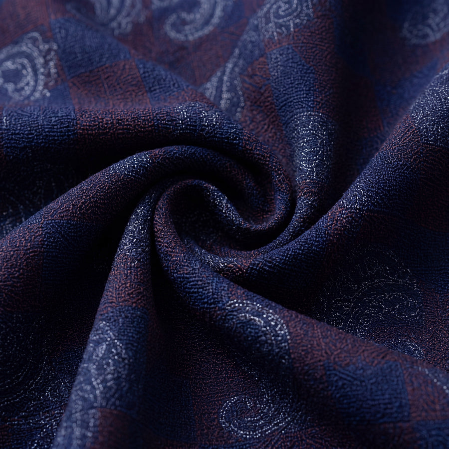 Navy Blue & Maroon Paisley Jacquard Checks Giza 60's Egyptian Cotton Shirt Fabric