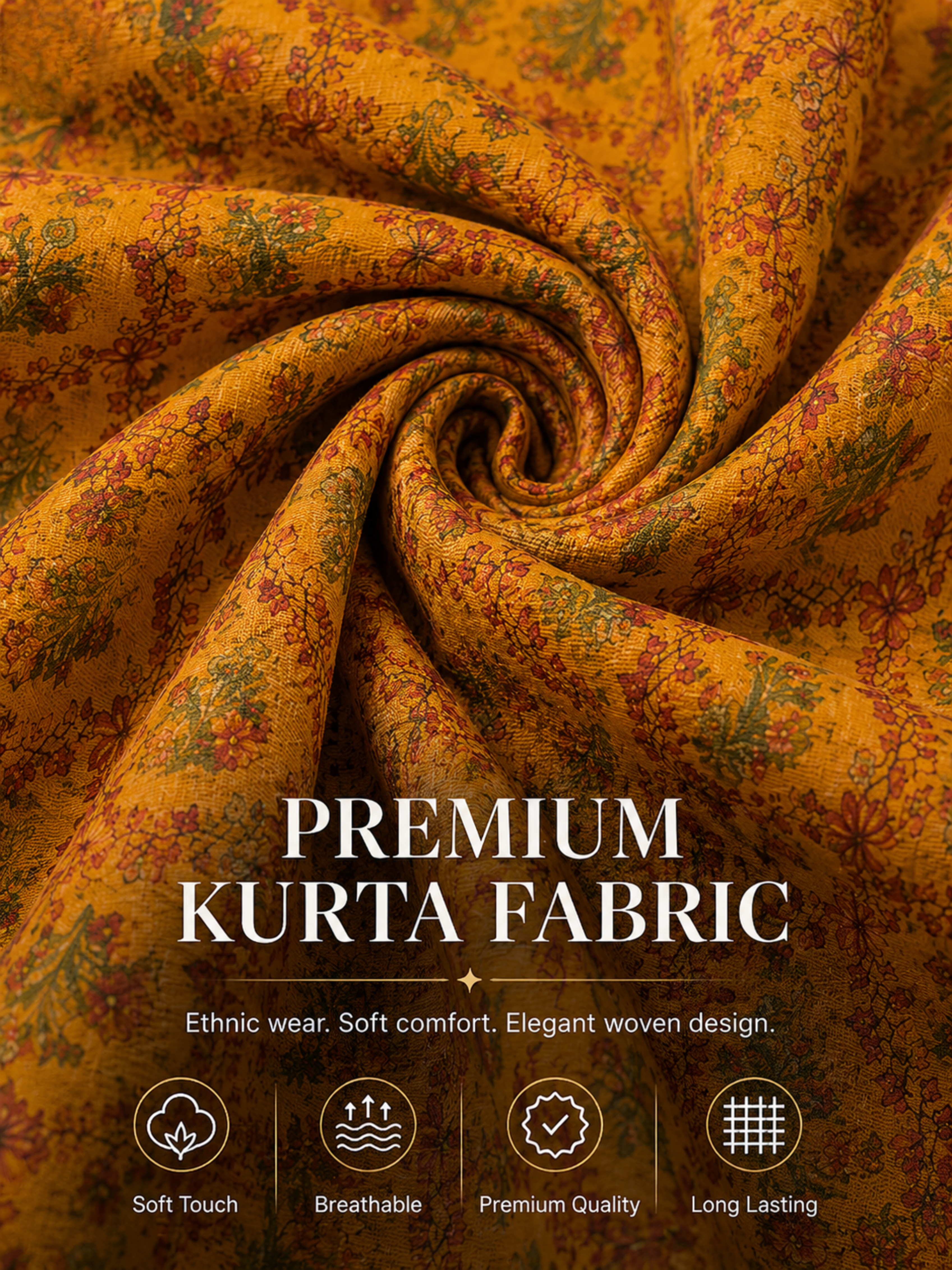 Floral  Yellow Unstitched Kurta Fabric –