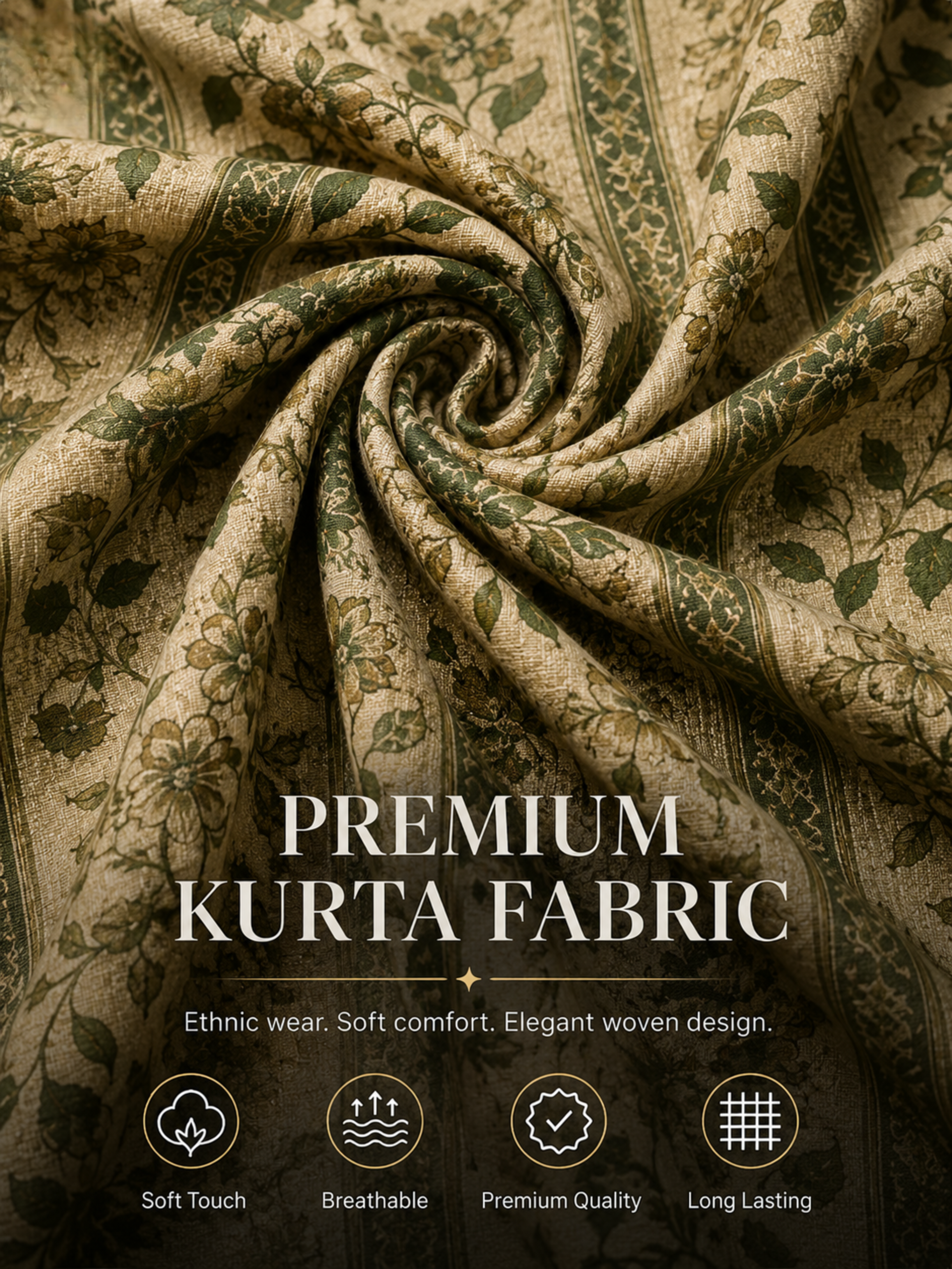 Beige Green Floral Unstitched Kurta Fabric