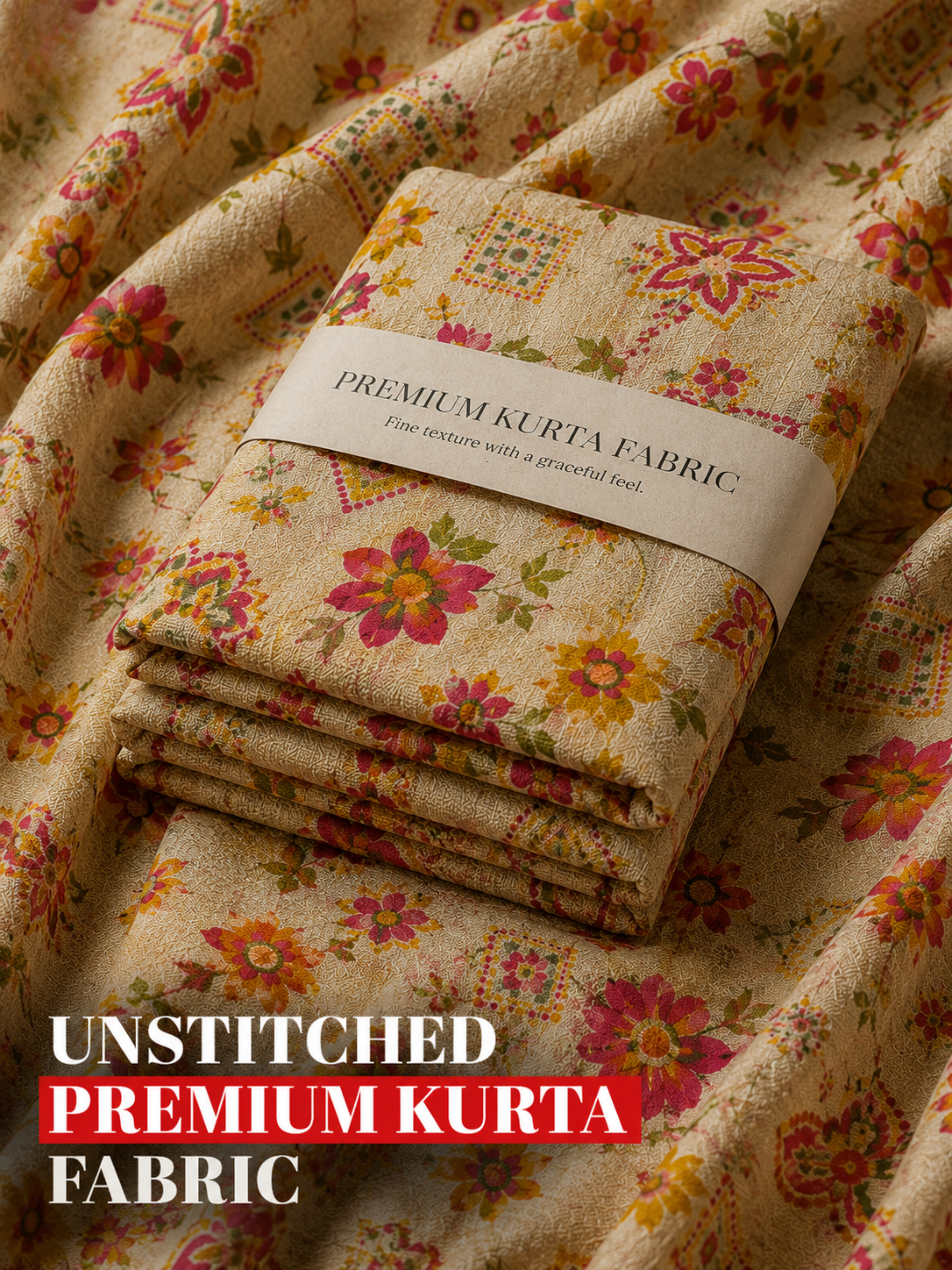 Cream Floral Unstitched Kurta Fabric