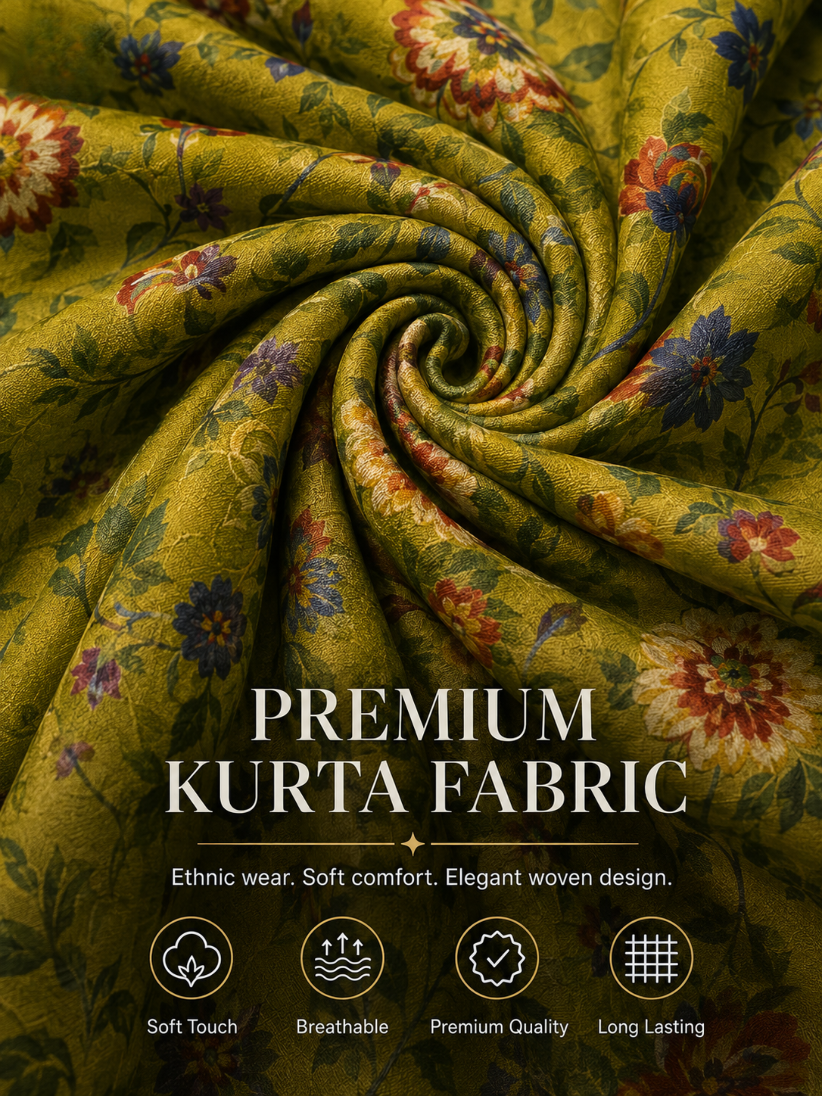 Olive Green Floral Unstitched Kurta Fabric