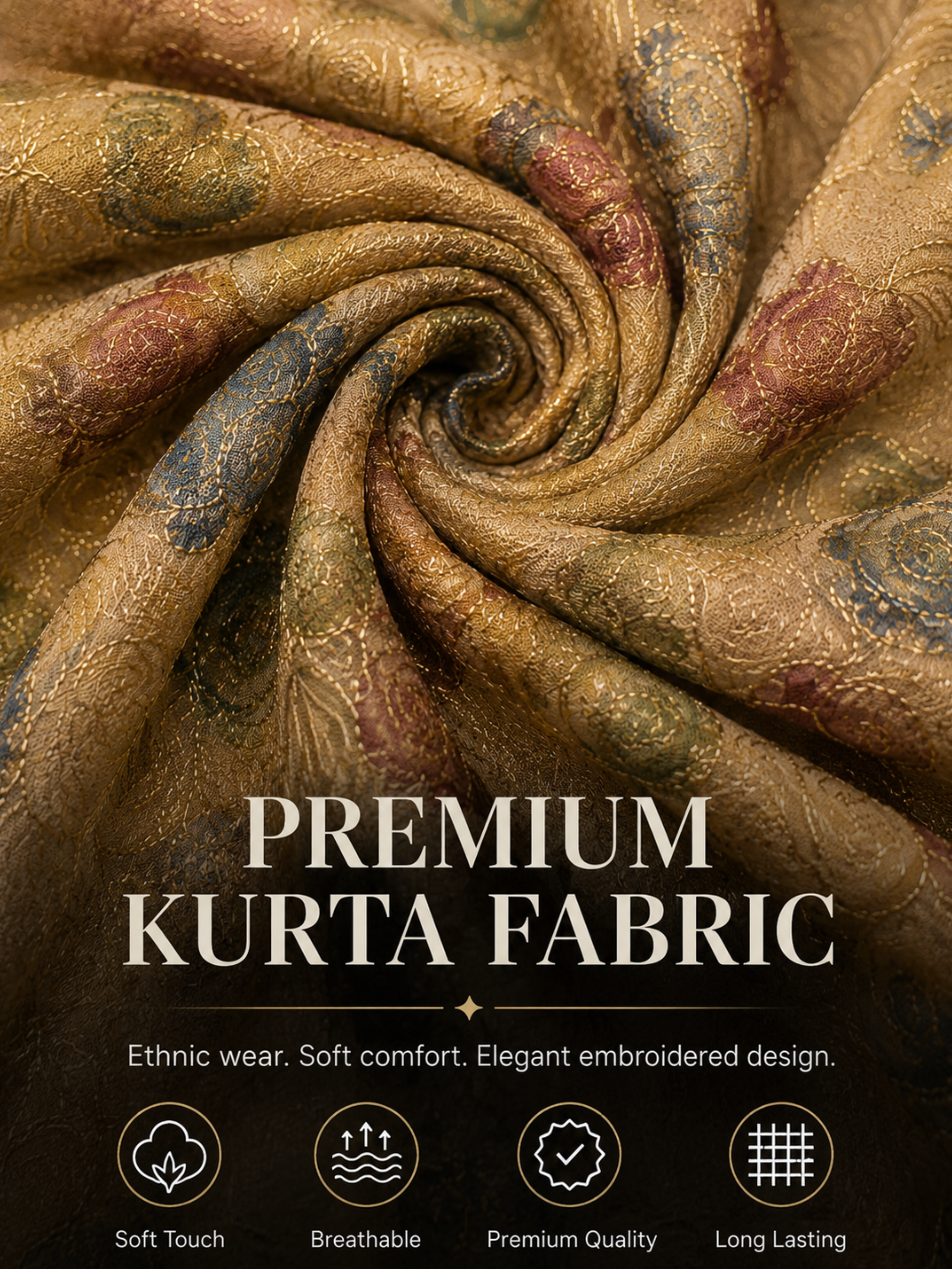 Beige Gold Embroidered Kurta Fabric