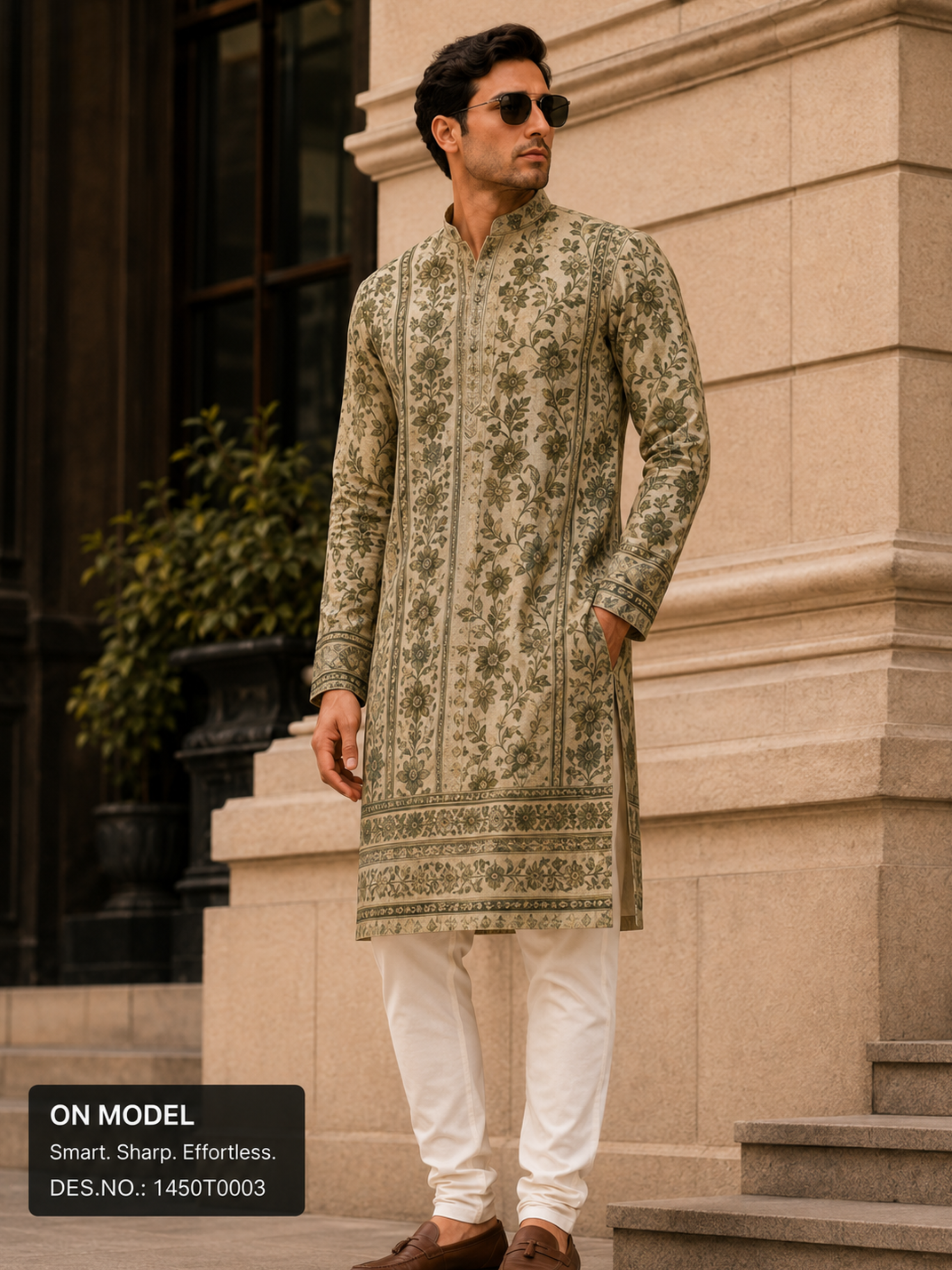 Beige Green Floral Unstitched Kurta Fabric