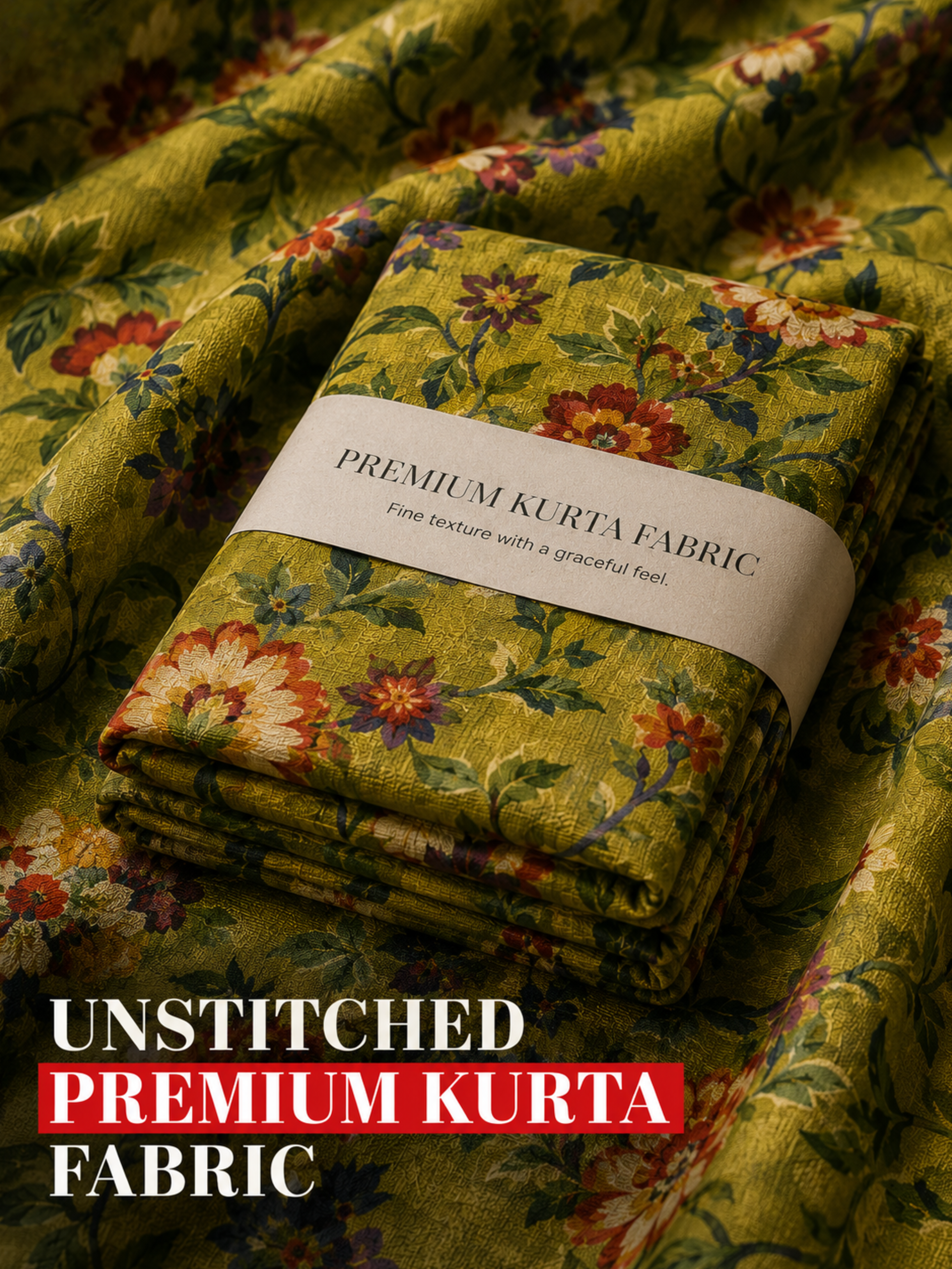 Olive Green Floral Unstitched Kurta Fabric