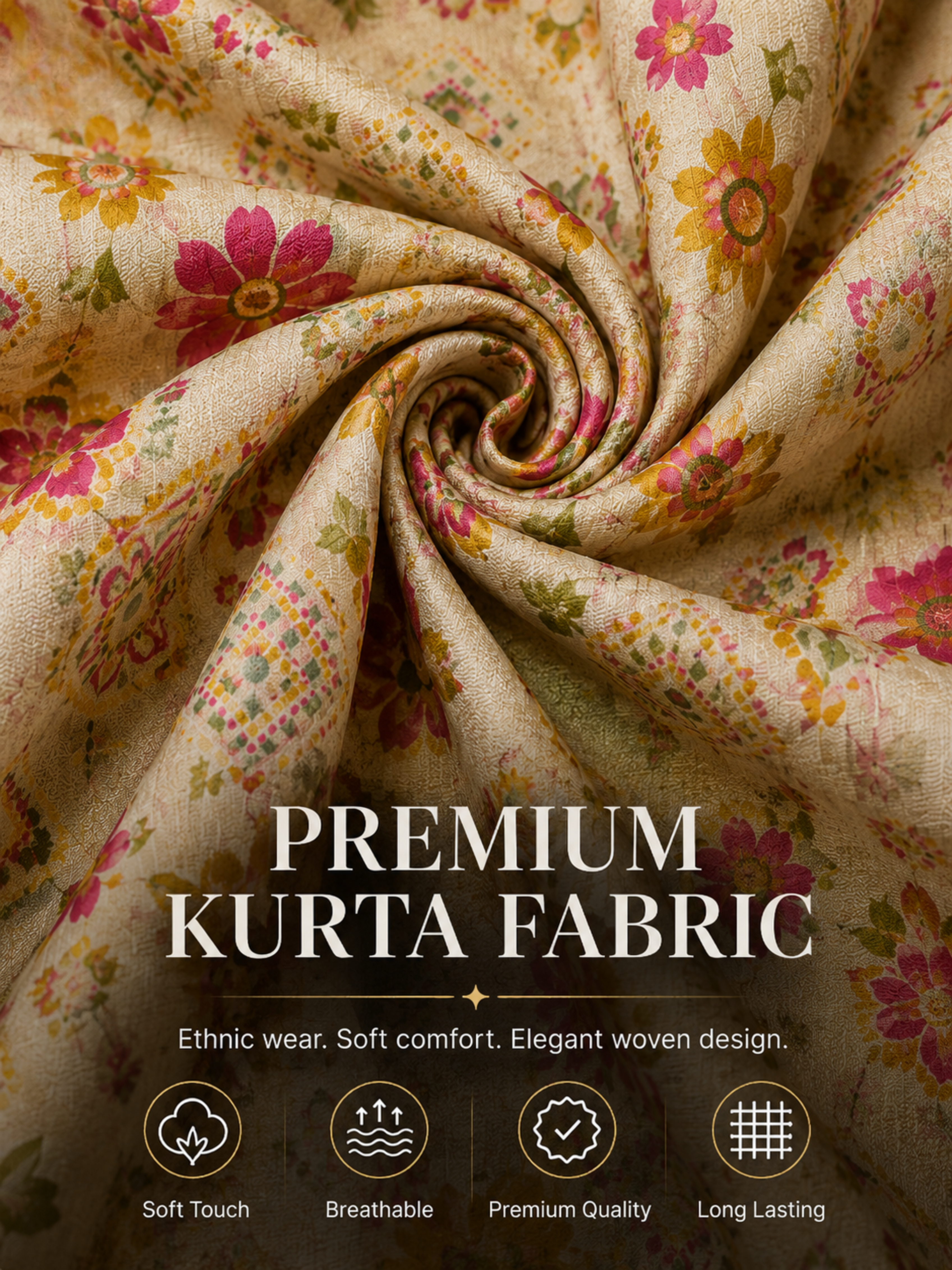 Cream Floral Unstitched Kurta Fabric