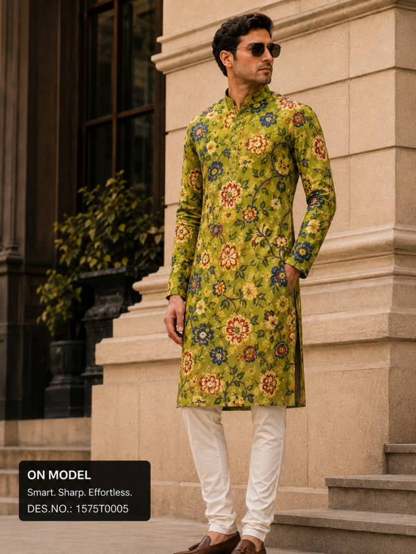 Olive Green Floral Unstitched Kurta Fabric