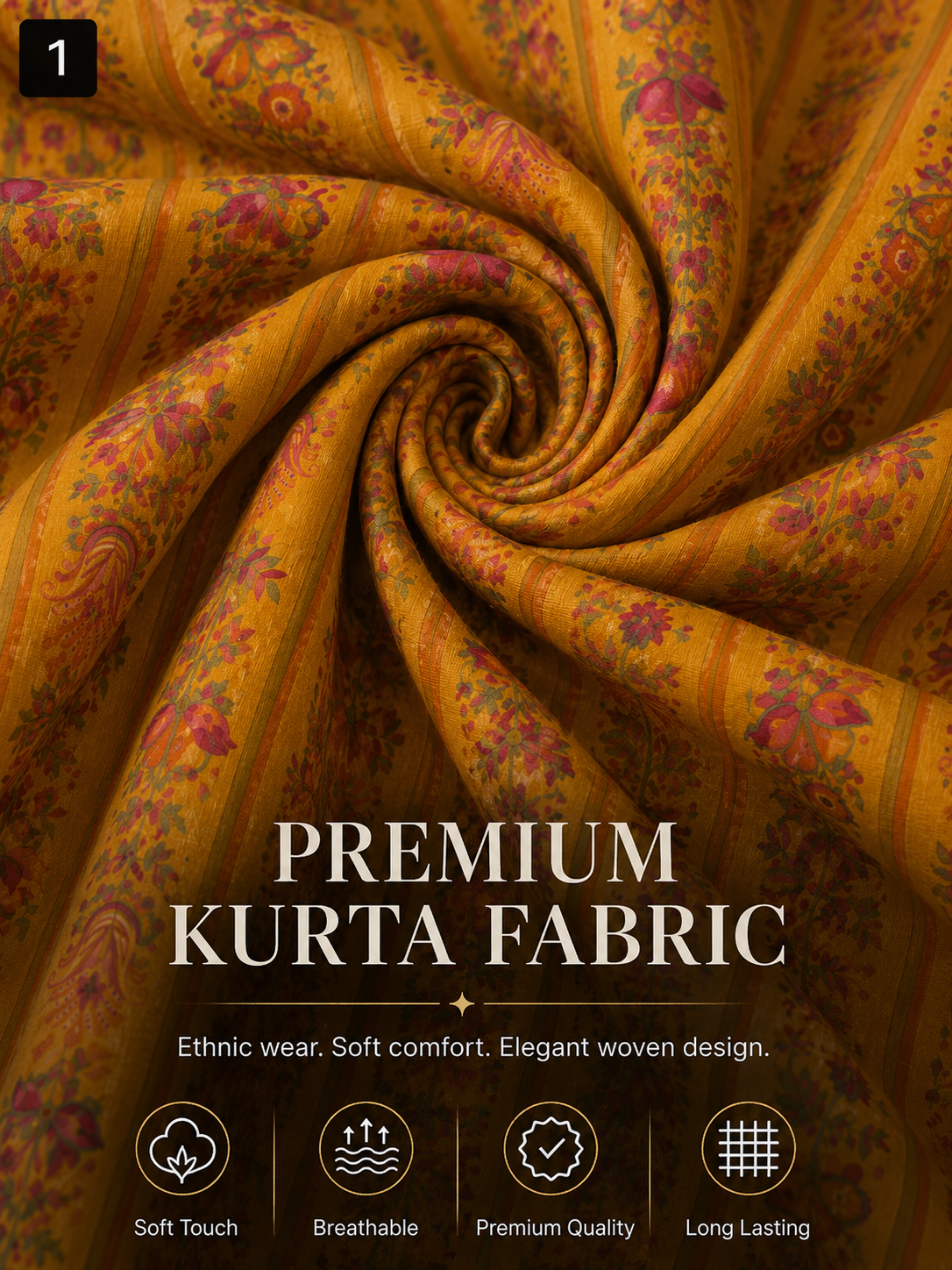 Floral  Yellow Unstitched Kurta Fabric –