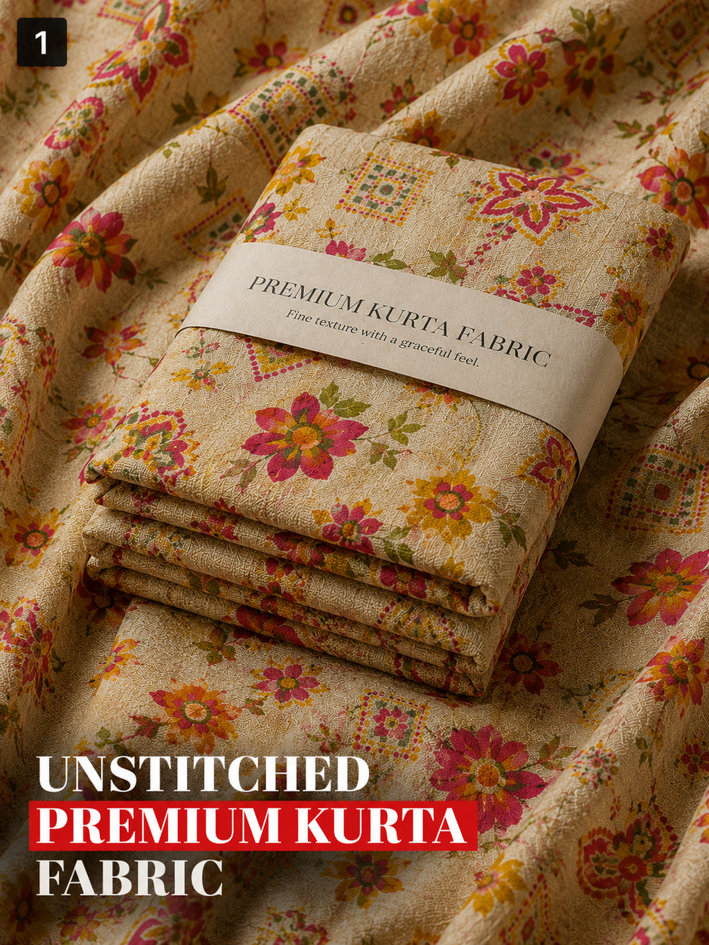 Cream Floral Unstitched Kurta Fabric