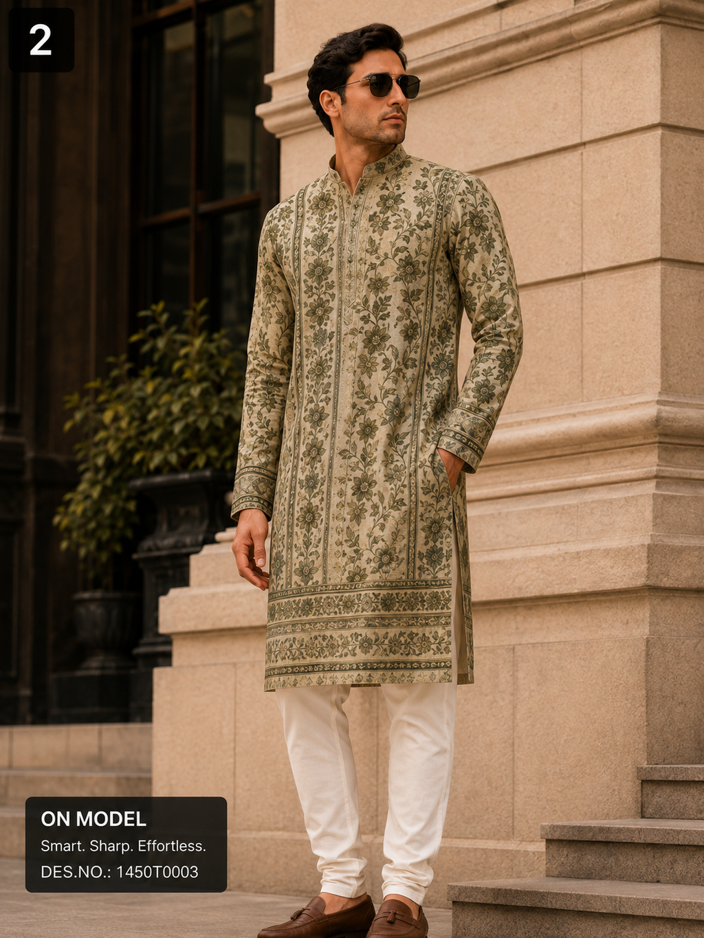 Beige Green Floral Unstitched Kurta Fabric