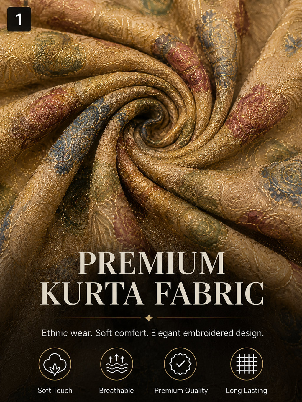 Beige Gold Embroidered Kurta Fabric