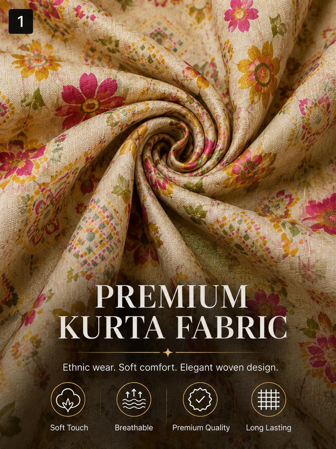 Cream Floral Unstitched Kurta Fabric