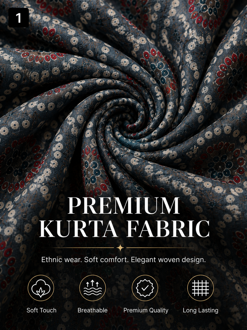 Grey Blue Printed Unstitched Kurta Fabric