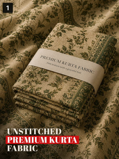 Beige Green Floral Unstitched Kurta Fabric