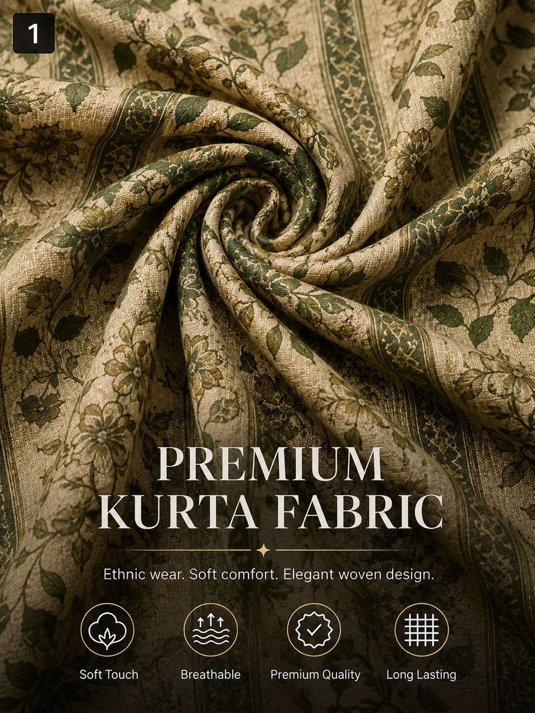 Beige Green Floral Unstitched Kurta Fabric