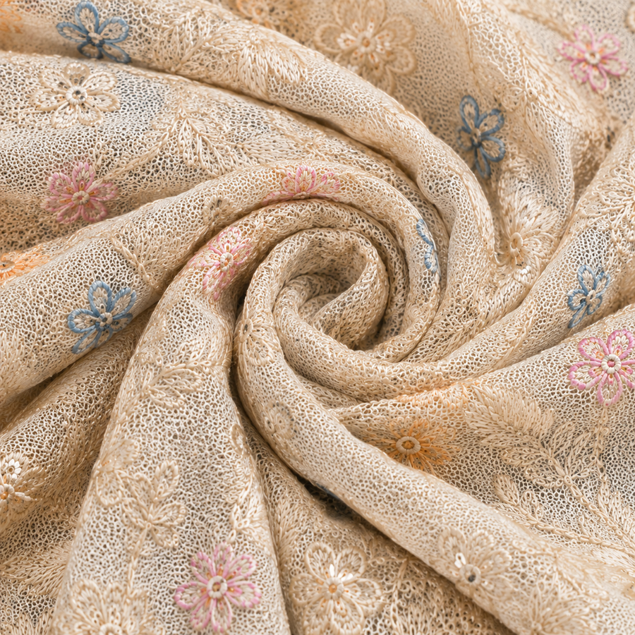 Beige & Pastel Floral Embroidered Kurta Fabric with Sequin Work | Premium Ethnic Fabric
