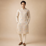 Beige & Pastel Floral Embroidered Kurta Fabric with Sequin Work | Premium Ethnic Fabric