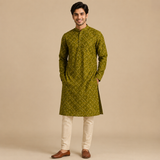 Olive Green Printed Unstitched Kurta Fabric