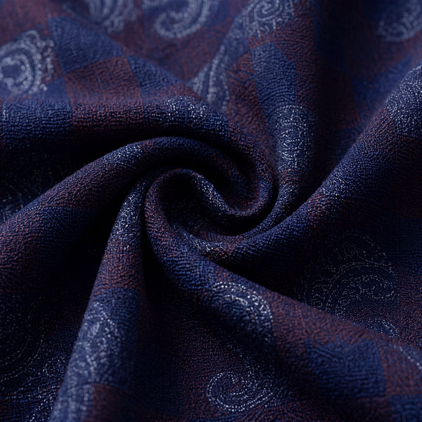 Navy Blue & Maroon Paisley Jacquard Checks Giza 60's Egyptian Cotton Shirt Fabric